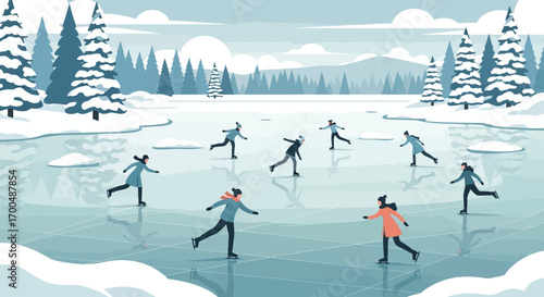 Flat design illustration of cheerful people ice skating on a winter lake.