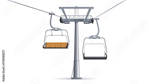 A detailed illustration of a modern ski lift with two passenger chairs suspended from a central support structure.
