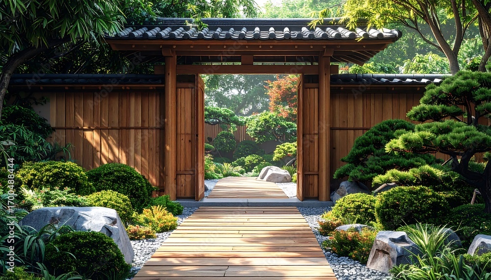 Fototapeta premium A serene Japanese garden gate, illuminated by sunlight, leads to a tranquil pathway lined with lush greenery and stones.