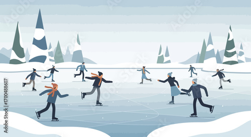 Joyful flat design illustration of diverse people ice skating outdoors in a winter landscape.