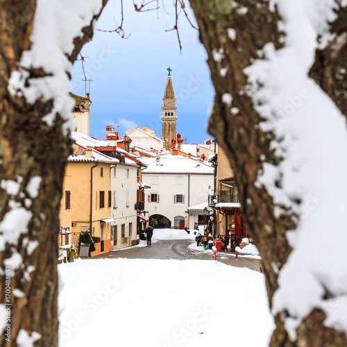 Snowy winter town through tree branches
