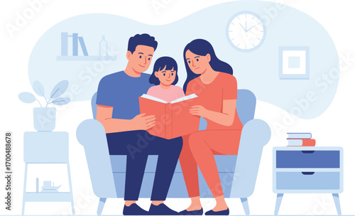Happy family reading book together, parents and child sitting on couch, cozy home environment, bonding, education, storytelling, love, parenting, family time, togetherness