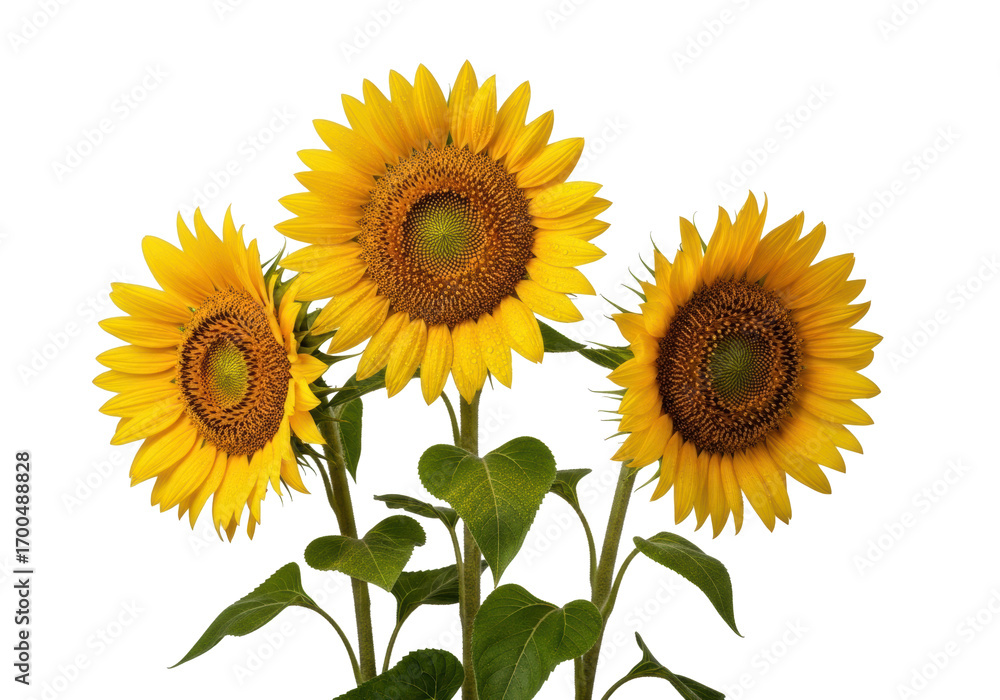 Fototapeta premium Three vibrant yellow sunflowers, dark brown seed heads, green leaves, glistening water droplets, arranged against a seamless transparent background. Natural beauty commercial concept