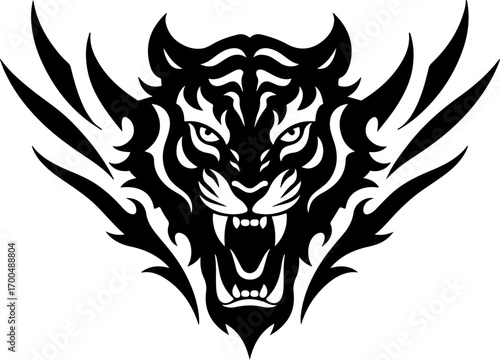 "Roaring Tiger Head Tribal Tattoo Silhouette"