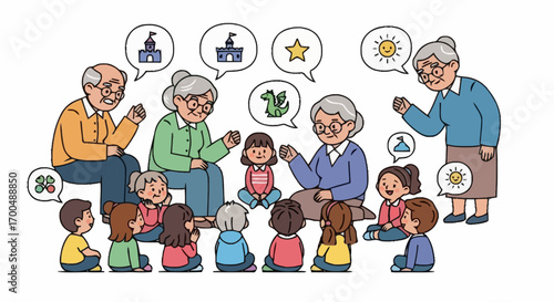 Engaging Storytelling Illustration of Grandparents Sharing Imaginative Tales with Eager Children, Ideal for Education, Family, and Generational Connection Projects
