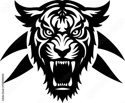 "Set of Roaring Tiger Head Silhouettes in Tribal Style"