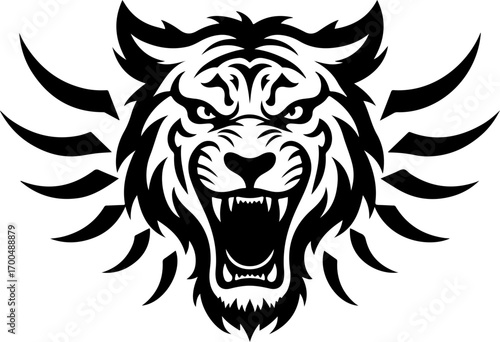 "Set of Roaring Tiger Head Silhouettes in Tribal Style"