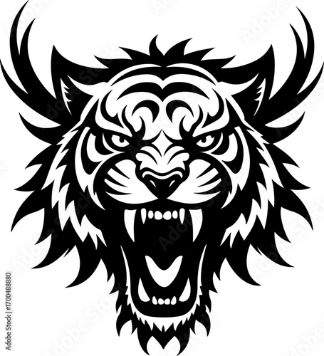 "Set of Roaring Tiger Head Silhouettes in Tribal Style"