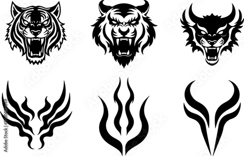 "Set of Roaring Tiger Head Silhouettes in Tribal Style