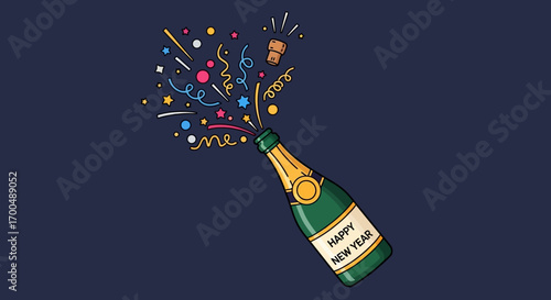 Stylized champagne bottle popping vivid confetti and stars burst out.