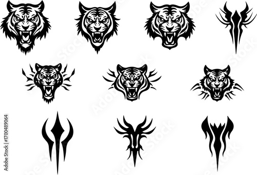 "Set of Roaring Tiger Head Silhouettes in Tribal Style