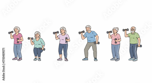 Diverse Group of Senior Citizens Exercising with Dumbbells for Active Lifestyle and Healthy Aging Promotion. Ideal for fitness programs, health awareness campaigns, and senior care illustrations.