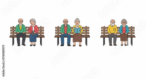Three Pairs of Elderly People Sitting on Benches, Representing Senior Community and Social Engagement for Healthcare and Retirement Planning Illustrations