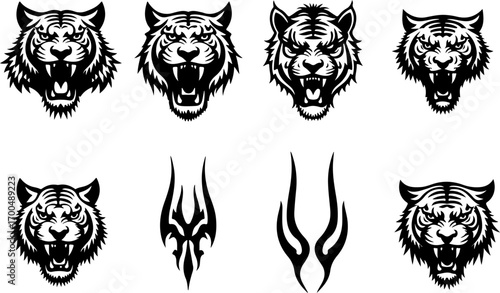 "Set of Roaring Tiger Head Silhouettes in Tribal Style