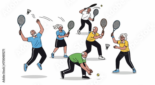 Active Seniors Enjoying a Badminton Match Illustration for Health and Wellness Campaigns and Promoting Active Aging Lifestyle.