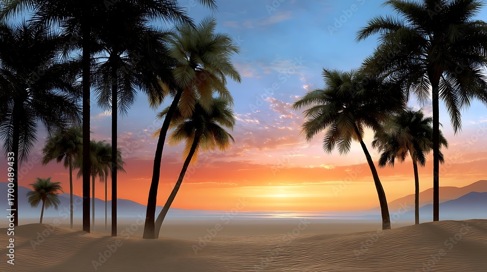 Obraz premium Serene Sunset Over Tropical Landscape with Palm Trees and Colorful Sky Atmosphere