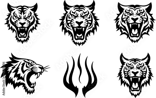 "Set of Roaring Tiger Head Silhouettes in Tribal Style