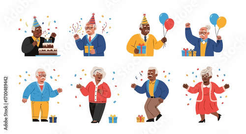 Cheerful diverse group of elderly people celebrating birthdays, expressing joy and togetherness in a celebratory atmosphere for festive events and social gatherings