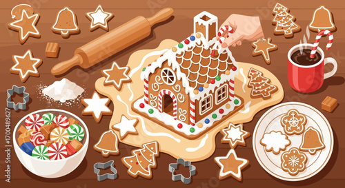 Overhead Isometric View of Hand Decorating a Festive Gingerbread House with Candy