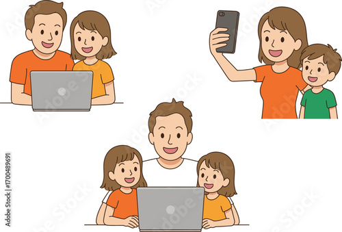 Happy family spending time together using laptop and smartphone, parents with kids, digital bonding, technology at home, modern family lifestyle