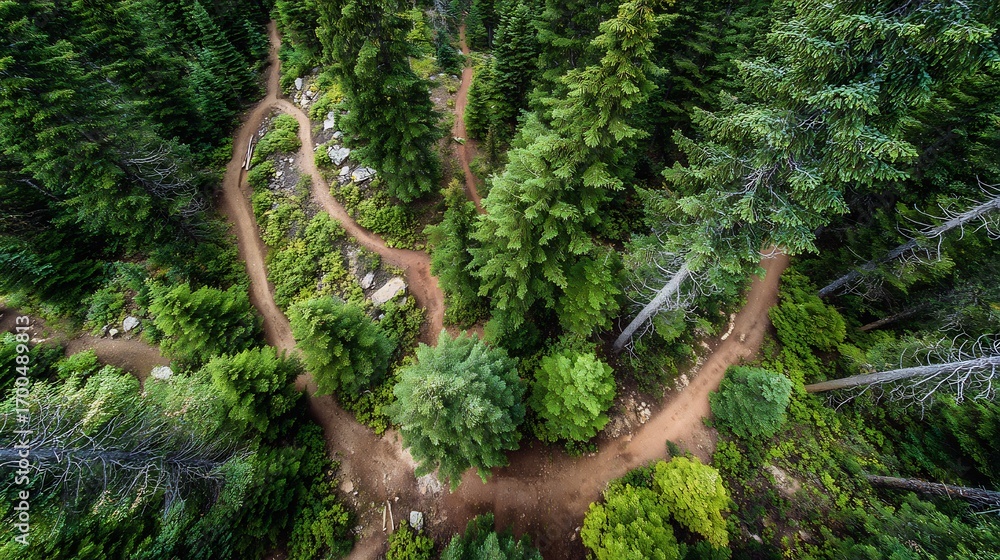 Fototapeta premium Elevated trail through lush forest canopy showcasing winding pathways and verdant treetops