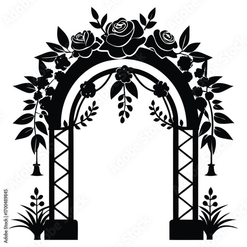 Silhouette of a RoseAdorned Wedding Arch with Ornamental Plants and Hanging Bells