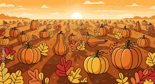 Autumn Harvest: Pumpkins and Gourds at Sunset