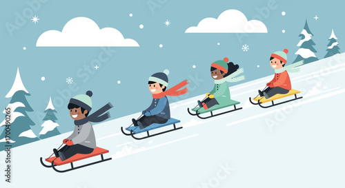 Happy Children Sledding Down Snowy Hill in Winter Wonderland