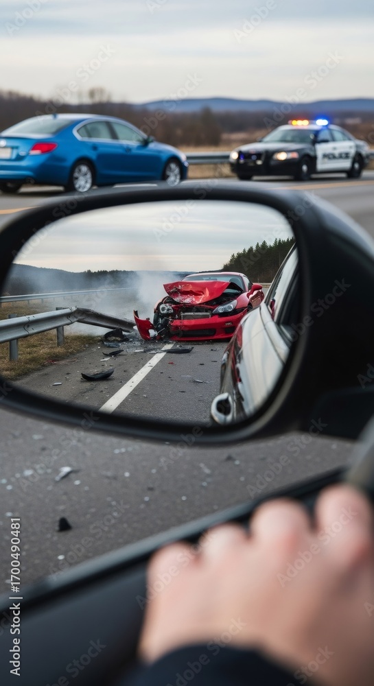 Obraz premium Man observing a car accident in a mirror, showing a red car after a crash with a barrier and a police car in background.