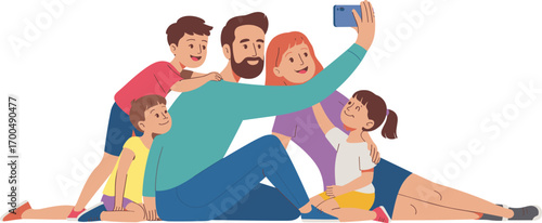 Happy family taking selfie together, parents with children, sitting on floor, smiling, bonding moment, casual clothes, love, joy, technology, fun, togetherness