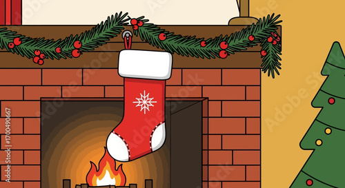 Vibrant Cartoon Illustration of Holiday Fireplace with Hanging Stocking