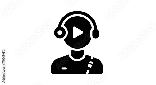 Minimalist Black Glyph of Person with Headphones and Play Button Icon