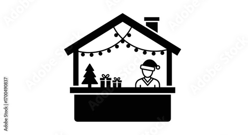 Black silhouette icon of a Christmas market stall with vendor and gifts.