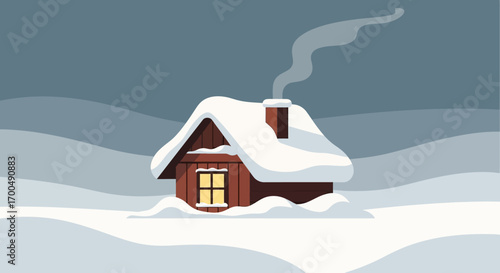Charming Minimalist Winter House with Glowing Window Amidst Snow Drifts