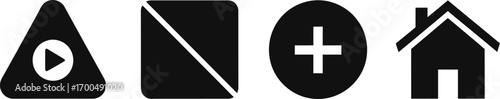 Set of four minimalist icons including play button folder plus sign and home symbol silhouette