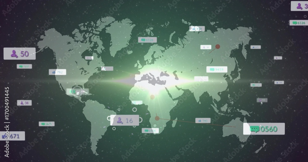 Fototapeta premium Displaying world map in virtual space, with green flares, data labels, icons, and connector lines