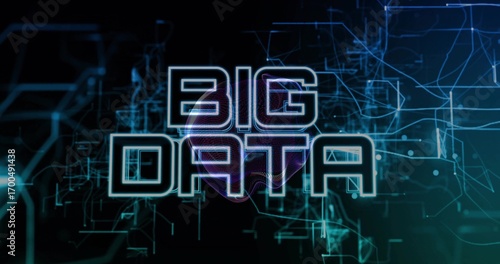 Neon 'BIG DATA' sign glowing in digital backdrop, with circuit lines, network nodes and purple glow