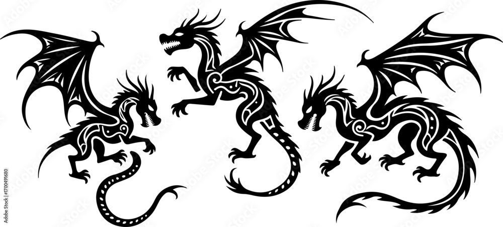 Naklejka premium Tribal Dragon Silhouette Tattoo Design