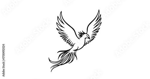 Illustration of a phoenix bird in flight, , with its wings spread wide open