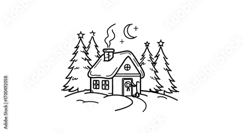Illustration of a cozy winter house, surrounded by snowcovered trees and a crescent moon