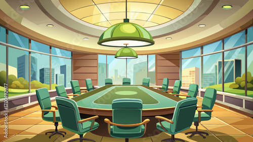 Splendid panoramic 360 view of a formal boardroom, furnished with a polished stone table, olive green chairs, modern pendant lights, and panoramic windows, reflecting strength, leadership, and refined
