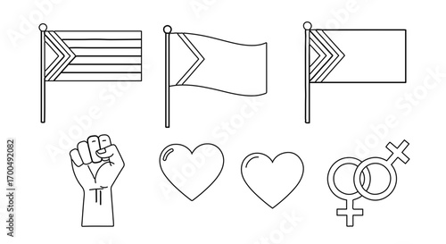 Illustration of lgbtq pride symbols, including flags, hearts, and female symbols