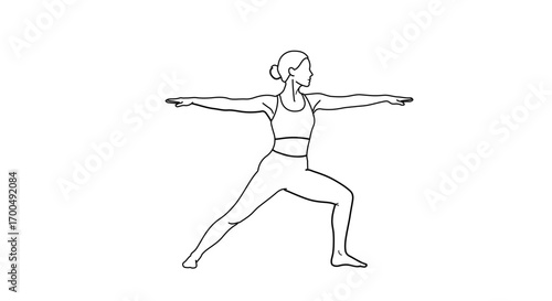 Woman in warrior two yoga pose line art for fitness and wellness design