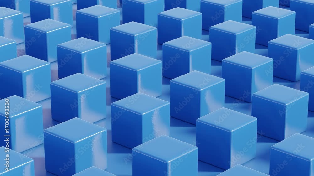 Blue cubes arranged on a seamless blue surface, producing a monochrome geometric 3d abstract background with repetition, depth, and minimal modern design.