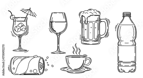 Hand drawn sketch of various drinks, perfect for menu or beverage designs