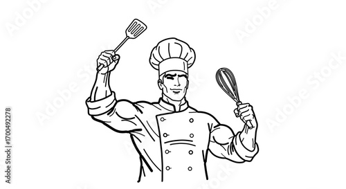 Illustration of a muscular chef holding a spatula and whisk, great for culinary designs