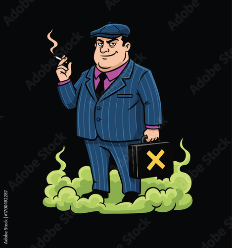 Cartoon Gangster Boss with Suit and Fedora Hat Holding Briefcase and Smoking Cigarette Vector Illustration
