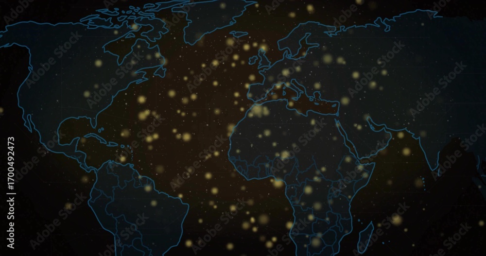 Fototapeta premium Displaying neon blue outlined world map showing glowing data nodes on dashboard, with grid overlay