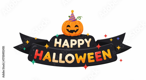 A cheerful jack-o'-lantern wearing a party hat sits atop a festive black ribbon banner proclaiming "Happy Halloween," creating a joyful autumnal scene.