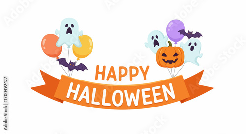 A playful Halloween banner features ghosts, bats, and a jack-o'-lantern attached to colorful balloons, creating a festive and spooky atmosphere.